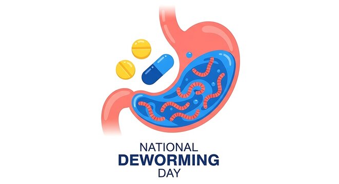 National Deworming Day - Stomach with Worms and Pills.