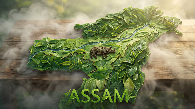 Assam State Map Fresh Green Tea Leaves and Nature Concept