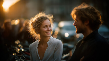 Young people are talking on the street of an Italian city.