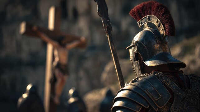 Roman soldier watches Jesus on the cross during ancient time in a historical scene of crucifixion and Roman rule