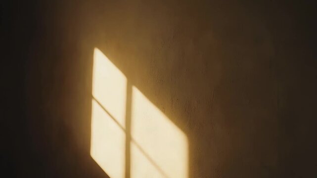 Warm sun rays filter through a window, creating an abstract pattern of light and shadow on a textured wall, evoking feelings of calm and natural ambiance
