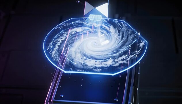 Futuristic meteorological device displays rotating storm hologram, weather science simulation, hologram.