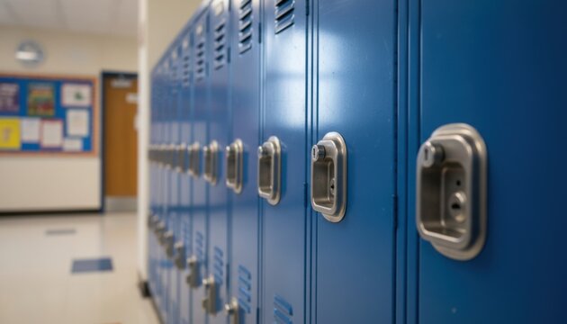 Blue School Lockers in School Corridor