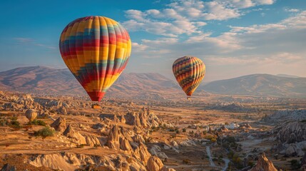 Obraz premium Hot air balloons rise into the sky over Cappadocias stunning terrain at dawn. The colorful balloons contrast beautifully with the rocky formations and a serene atmosphere surrounds the scene.