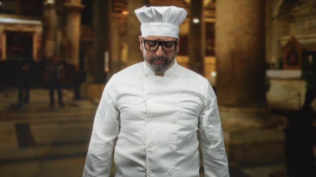 Man chef in white uniform and hat raises both hands with pleading gesture in ornate church building, looking upward; contrition.