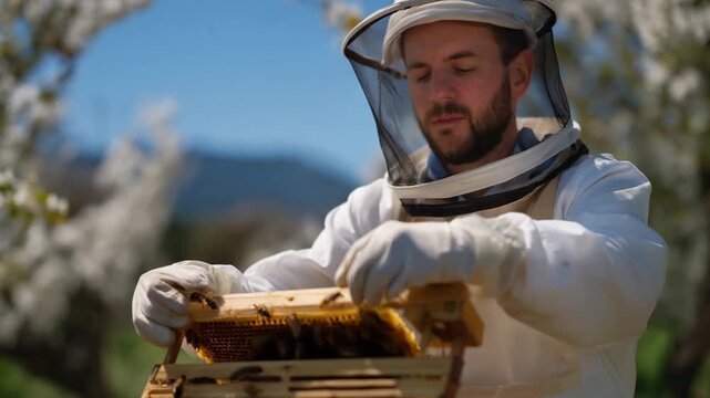 A beekeeper in protective gear checking hive frames surrounded by blooming orchards, bees buzzing softly around pollination-rich trees &mdash; biodiversity agriculture, pollinator health, and