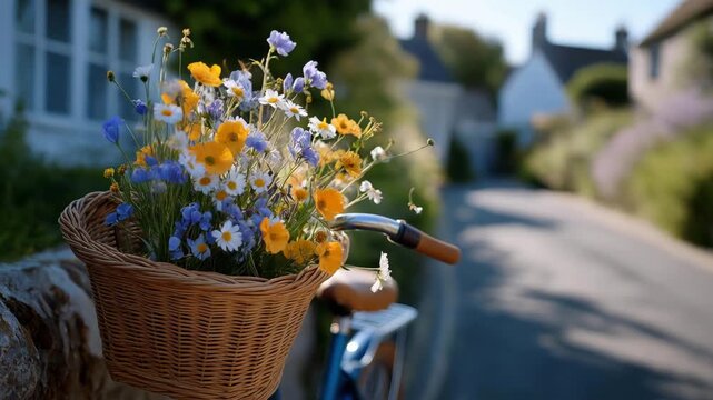 A bicycle with a front basket packed with wildflowers rolling through a quiet countryside lane, petals fluttering in the breeze &mdash; countryside freedom, carefree travel, and charming rustic styling.