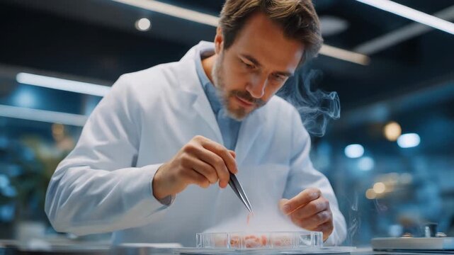 A biotech researcher opening a cryogenic mist cloud to retrieve frozen stem cell samples, barcode scanners flickering as vapor swirls around the workspace &mdash; regenerative medicine, cryogenic storage