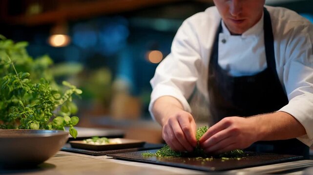 A chef pressing herbs between two heated plates to extract infused oils, fragrant steam rising from the compact kitchen tool &mdash; culinary pressing technique, artisanal flavor extraction, and modern