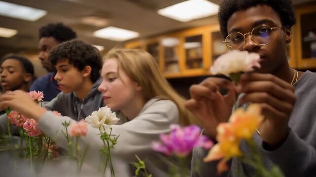 A chemistry classroom demonstrating cryogenic experiments with flowers dipped into liquid nitrogen, petals shattering on contact as students gasp &mdash; educational science theater, hands-on learning,