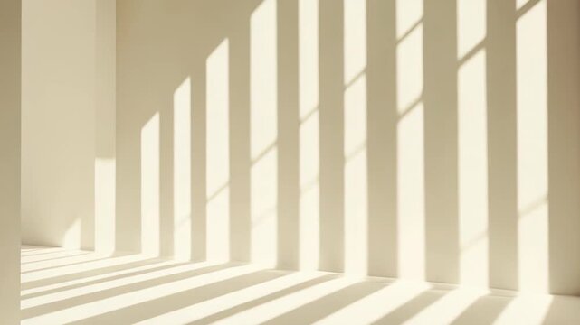 Minimalist interior background with natural sunlight casting strong parallel abstract stripe shadows from window blinds onto the beige wall and floor, creating a bright, empty space
