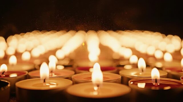 Rows of candles burn in soft warm candlelight ceremony.