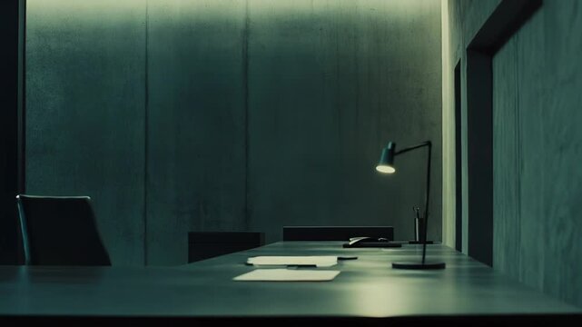 Empty minimalistic conference room with concrete walls and a glowing lamp on a desk, creating a somber, secretive, and intense atmosphere, evoking themes of interrogation and solitude