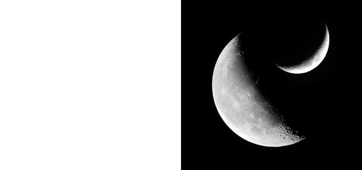 Two crescent moons side by side on transparent and dark backgrounds showing detailed texture of lunar surface heavenly bodies in space astronomy science concept © Creative Png