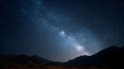 The luminous Milky Way galaxy stretches across a clear night sky above silhouetted desert mountains and arid terrain
