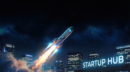 Obraz premium Rocket innovative concept product symbols creation launch over city skyline vibrant night sky vision Idea creation and innovative product launching concept