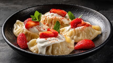 Freshly made dessert dumplings sit in a black bowl topped with whipped cream and sliced strawberries. Mint leaves add a touch of color to this sweet treat.