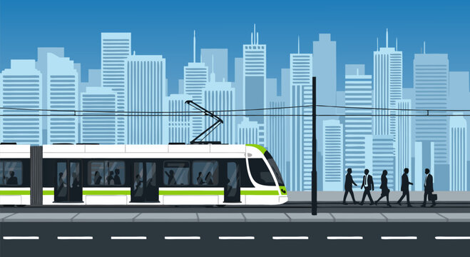 Modern public transportation vector illustration of a tram in a city with skyscrapers and pedestrians walking