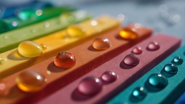 A close-up macro shot of colorful pH indicator strips laid across droplets of different liquids, creating a vibrant rainbow gradient &mdash; educational chemistry, color-change reactions, and visual pH