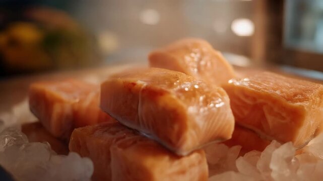 A close-up of a perfectly frosted box of frozen seafood resting on stainless steel counter, glistening ice glaze hinting at freshness preservation &mdash; frozen fish quality control, seafood supply