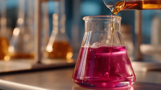 A color-changing chemical indicator swirling inside a glass beaker, shifting from pink to clear as a scientist titrates the solution &mdash; laboratory experiment, pH indicator reaction, and chemistry
