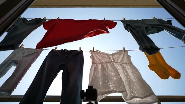 Clothes hanging on a line to dry outside on a sunny day with blue sky