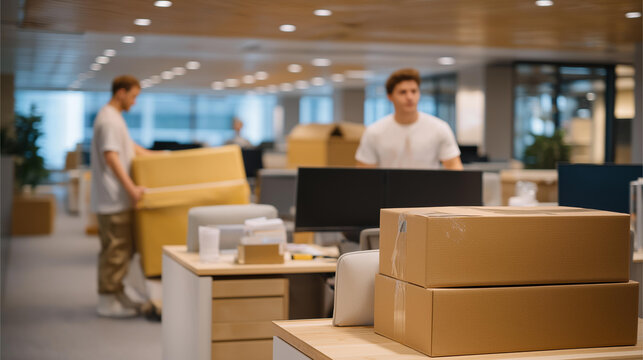 A busy office space highlights the importance of junk removal services, as employees collaborate while a junk removal crew swiftly removes outdated furniture and unwanted items from the premises,