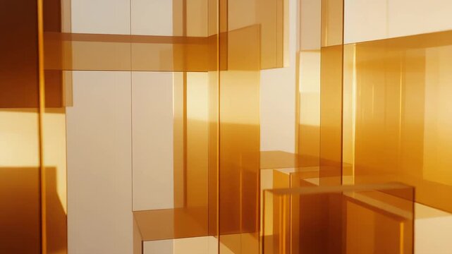 Layered transparent panels of amber colored material are interlocking, forming a structured geometric pattern with warm light and shadows, offering a modern and artistic abstract design