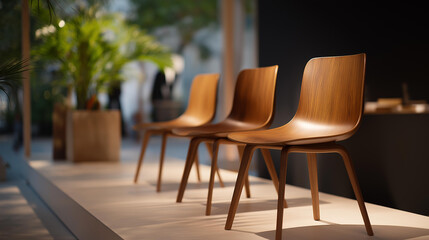 Fototapeta premium An art gallery space featuring sleek wooden chairs for visitors to sit and reflect, enhancing the aesthetic appeal while promoting comfort during exhibitions, highlighting the role of furnishings
