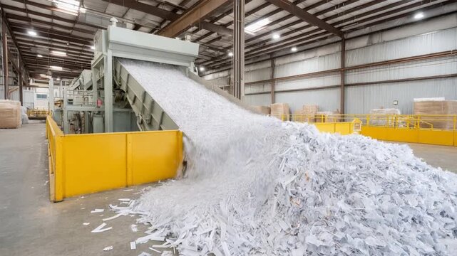 A modern paper shredding machine processing large amounts of shredded paper in an industrial facility.