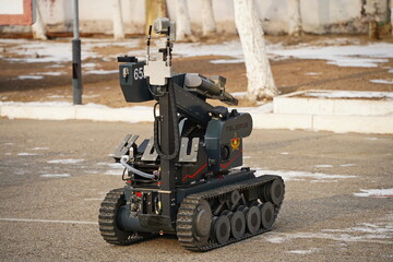 Naklejka premium Almaty, Kazakhstan - 01.20.2026 : A minesweeper robot for mine clearance. Military exercises.