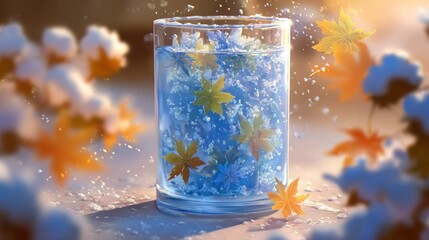 Glass of water with autumn leaves, snow, and sunlight