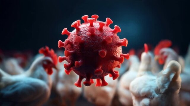 Visual representation of the impact of a virus on poultry and its implications for health and agriculture.