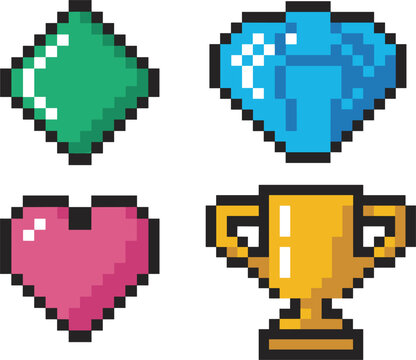 Colorful pixel art game icons vector collection, heart, diamond, gem, and trophy symbols for digital gaming design
