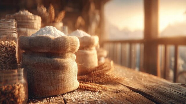 Burlap sacks of fresh flour and jars of grain resting on a rustic wooden table. The warm morning sunlight illuminates the scene, highlighting ingredients for baking fresh bread in a country kitchen