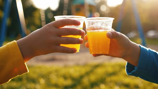 Two children's hands clutching vibrant orange juice drinks in transparent plastic cups, set against a softly blurred green park backdrop, creating a cheerful, healthy, refreshing moment.