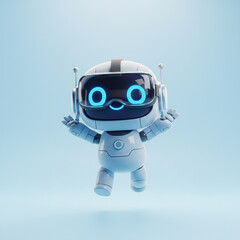 3D cute AI wearing a transparent VR headset, joyful pose