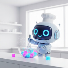 AI mascot cooking glowing digital data cubes in a glass bowl