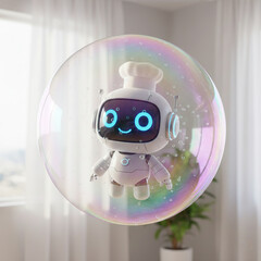 mascot inside a giant soap bubble, iridescent surface reflections