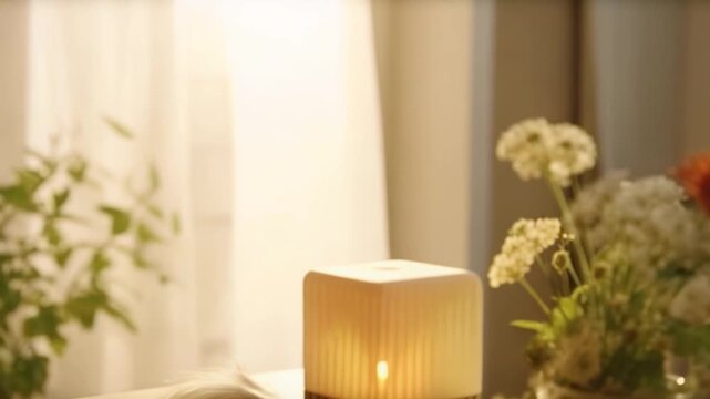 Cube shaped essential oil diffuser creating a relaxing atmosphere on a wooden table, emitting soft glow next to a delicate flower arrangement in warm natural light