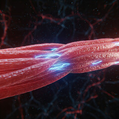 muscle fibers contracting, glowing energy lines between cells