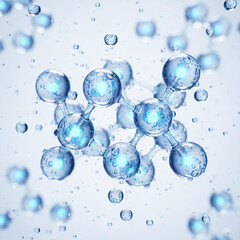 transparent hyaluronic acid molecules, glowing blue cores with water droplets and micro-bubbles