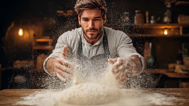 Handsome baker in an apron expertly kneading dough, sending a spectacular cloud of flour into the air in his rustic artisan bakery while looking at the camera with a confident smile
