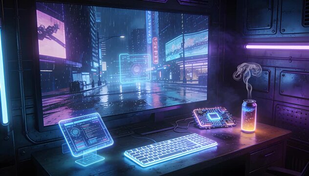 Immersive cyberpunk workstation setup with futuristic computer and neon city background, dark ambient tech.