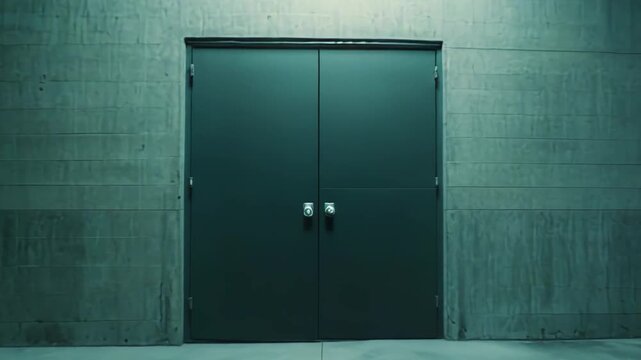 Concrete hallway with a glowing light illuminating a closed double door, creating a tense atmosphere of mystery, potential secret access, or an unknown future path