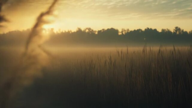 Golden hour light reflecting on pampas grass and reeds, creating a serene and warm atmosphere across the misty field during a beautiful morning sunrise