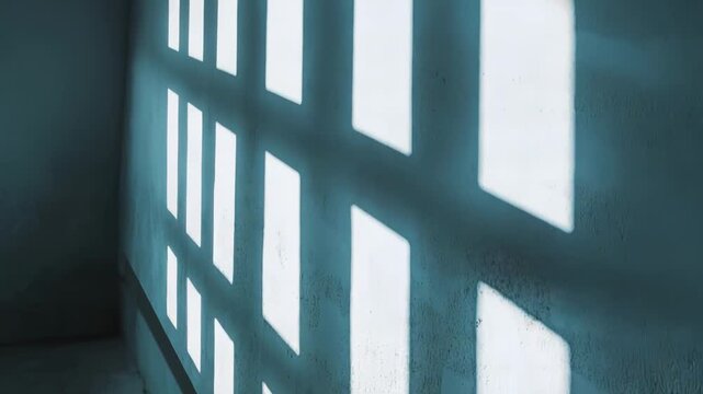 Sunlight from an unseen window casts stark rectangular beams and deep shadows across rough concrete floor and textured wall, evoking light, confinement and minimalist geometry