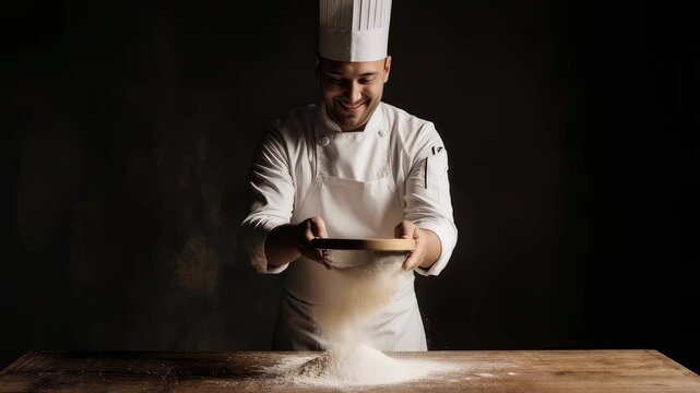 Smiling male baker in a white uniform and toque hat sifting fresh flour with a sieve onto a wooden table against a dark background, preparing ingredients for baking bread or pasta