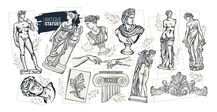 Hand-drawn Ancient Greece, Renaissance and antique statues in a flat vector style.