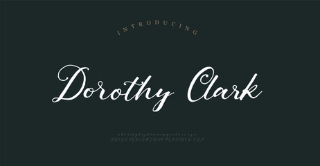 Dorothy Clark, Script typography beauty fashion elegant minimalist serif italic fonts decorative wedding vintage retro logos. Minimal luxury font alphabet logo. Vector illustration
